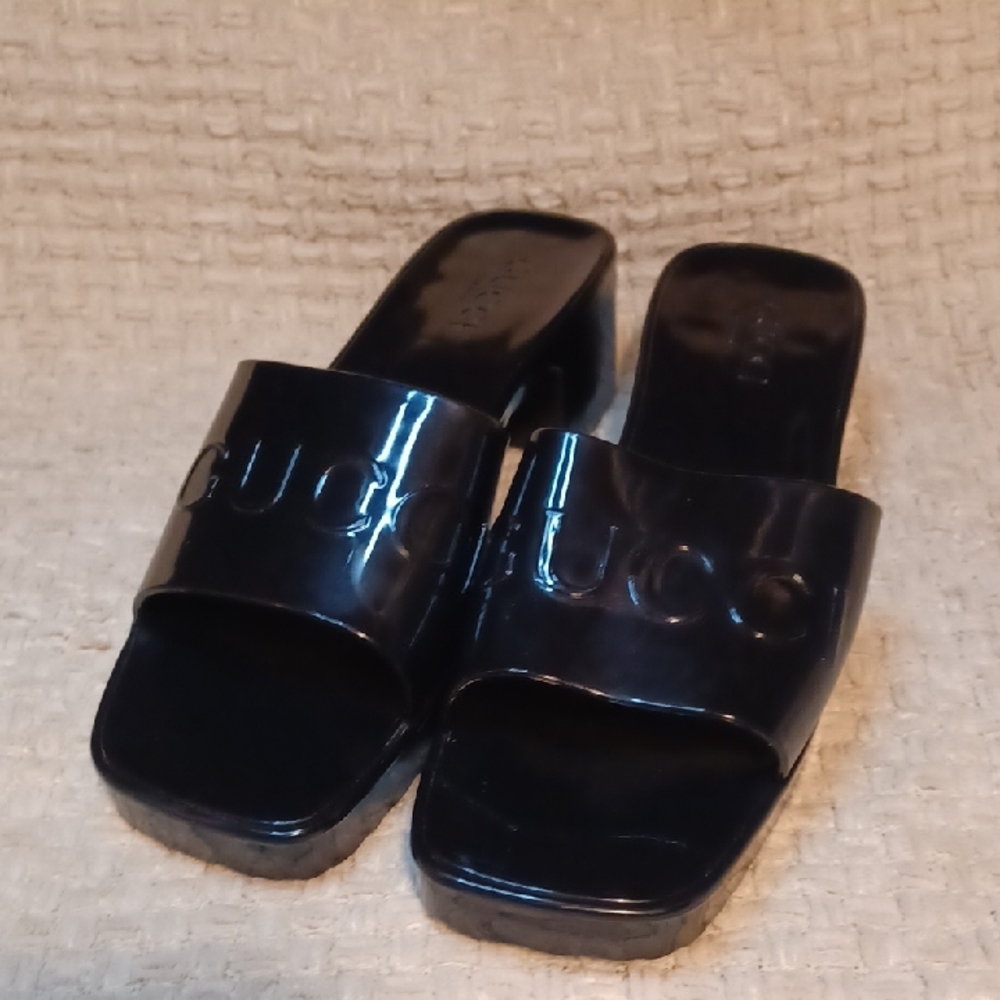 Gucci Black Patent Platform Slide Sandals